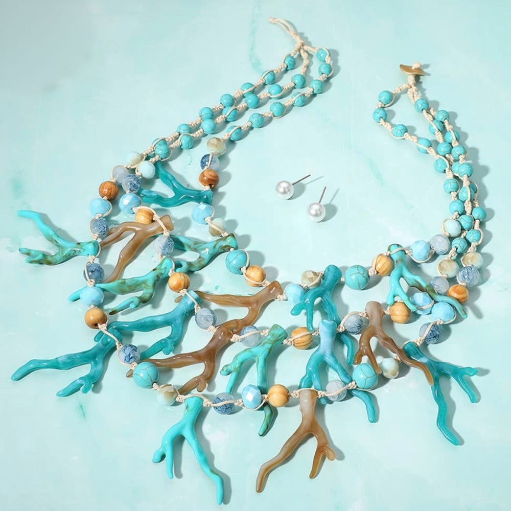 Fabulous M.J. Coral Statement Necklace NWT Coastal Blue Beach Jewelry